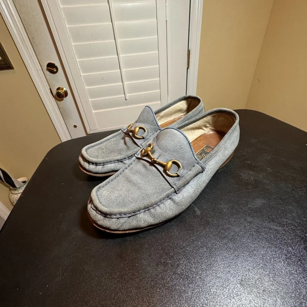 Gucci size 10 blue/grey suede horsebit slipon loafer shoes